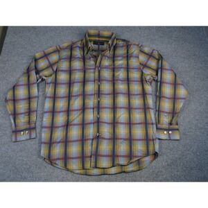Robert Talbott Classic Men Medium Yellow Blue Plaid Cotton Button Down #2060